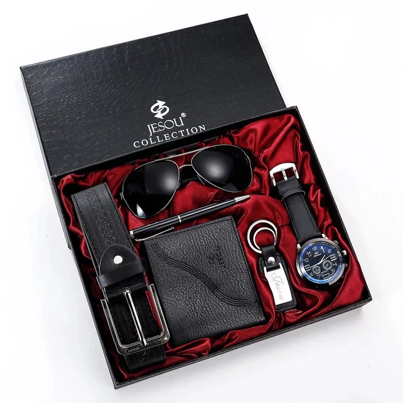 Fashion Men Watch Luxury Gifts Set Sunglasses Top Quality Belt Wrist Watch Wallet Key Ring pen  For Men Valentine's Christmas 2021 creative oval trinket jewelry box ornate ring earrings treasure case keepsake box organizer valentine christmas gift