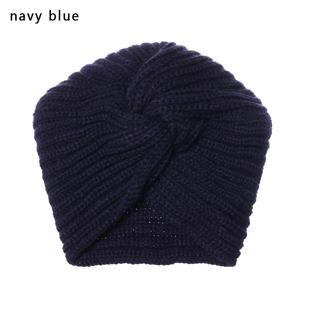 Knitted Spring Winter Hat Women Felt Hat Ladies Turban Head Wrap Caps for Women Twist Headwrap Hat Girls Croceht Beanies LLA24 - Цвет: navy blue