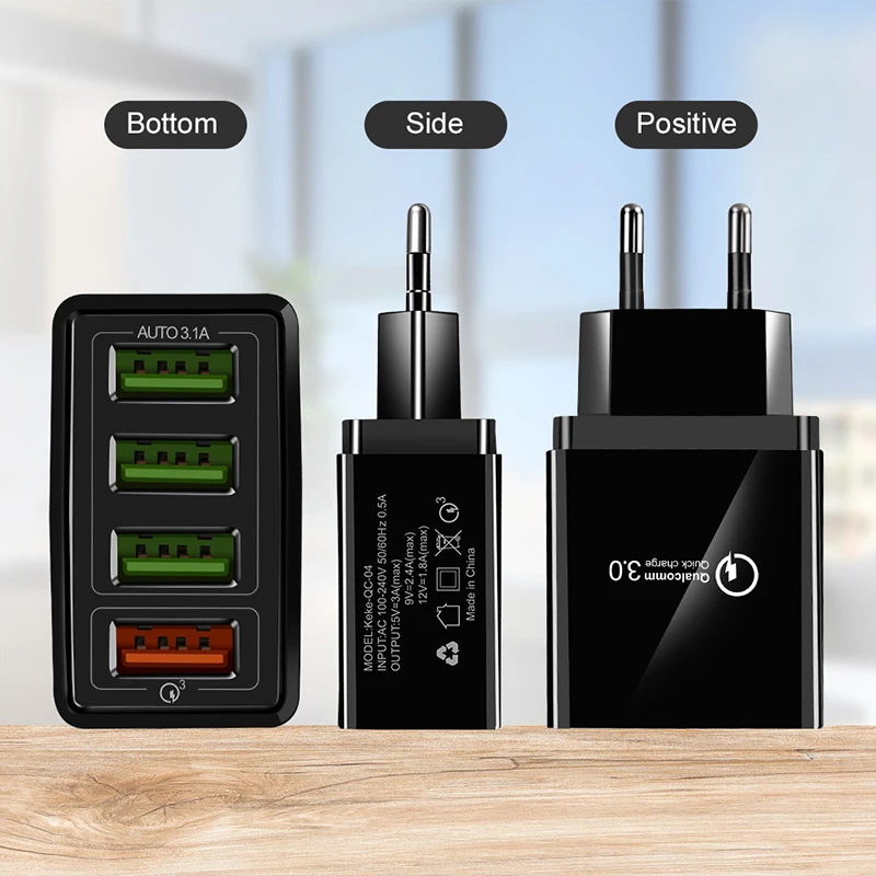 

QC3.0 Mobile Phone Charger 4USB Fast Charge Travel Charger Smart Charging US EU UK Plug Adapter For Samsung Xiaomi Pad Iphone