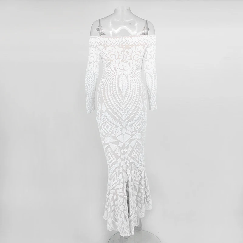 Yissang, длинное женское платье с открытыми плечами и блестками, лето, облегающее Платье макси с длинным рукавом, белое, вечерние, для клуба, выпускного, сексуальное женское платье