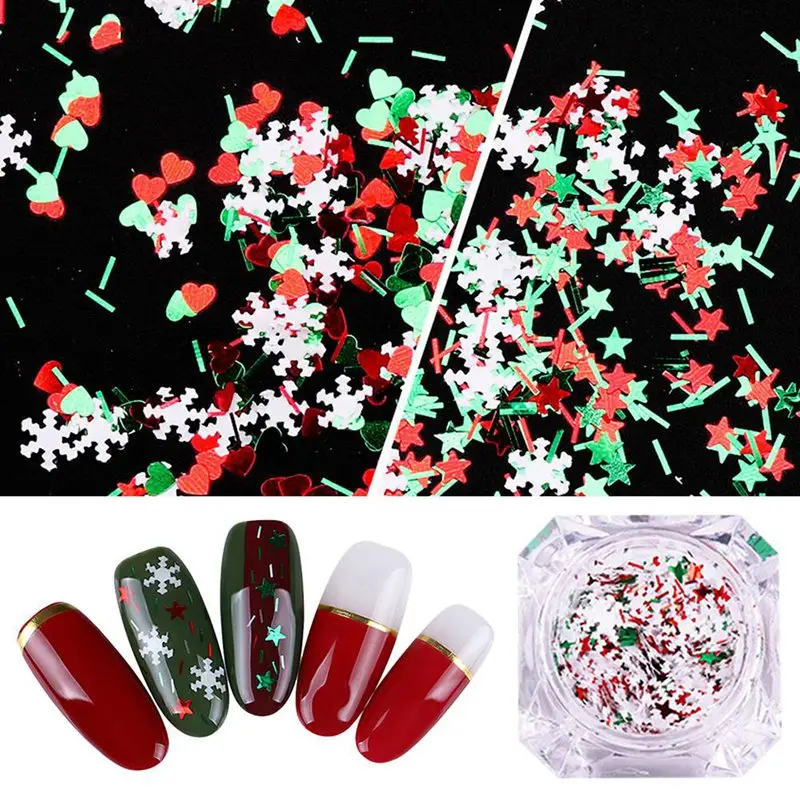 

Nail Sequins Christmas Decors Xmas Nail with White Snowflake Mix Color Shape Flake Red Green Star Heart and Stripes