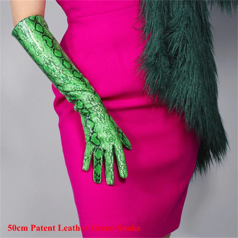 Snakeskin Short Gloves 21cm Patent Leather Emulation Leather PU Bright Leather Animal Python Green Snake pattern Female WPU105