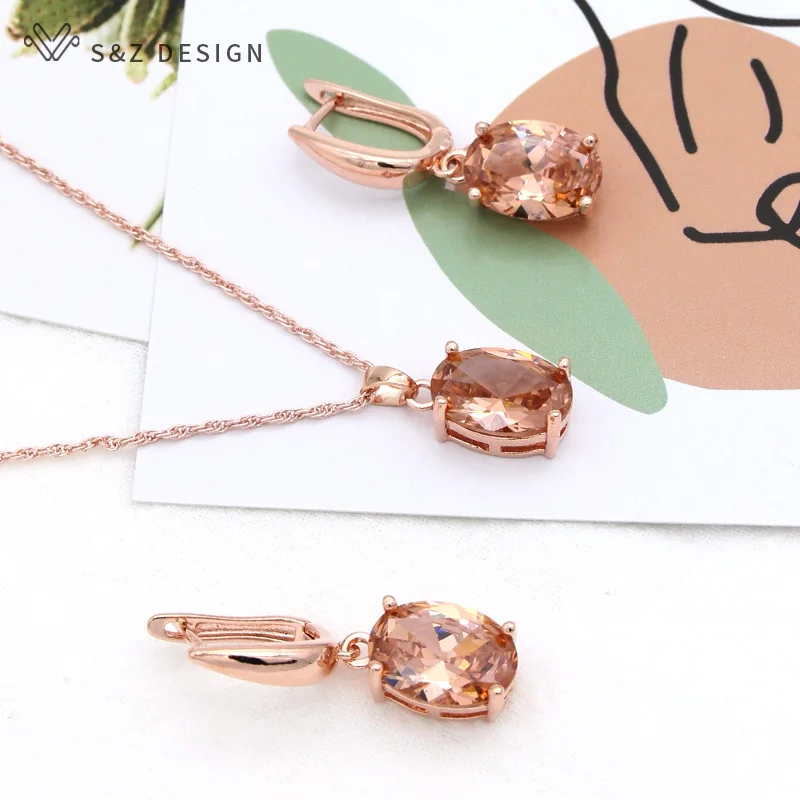 S&Z DESIGN Fashion Oval Cubic Zirconia Dangle Earrings Pendant Necklace Jewelry Sets For Women Girl Wedding Party Gift