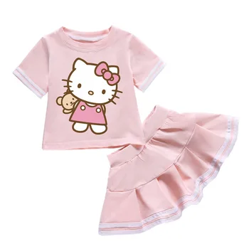 

Girls Skirt Sets Hello Kitty Tops 2PCS T Shirt Ruffles Suits For Baby Pink Red Sets Cartoon Children Clothes Princess Outwear