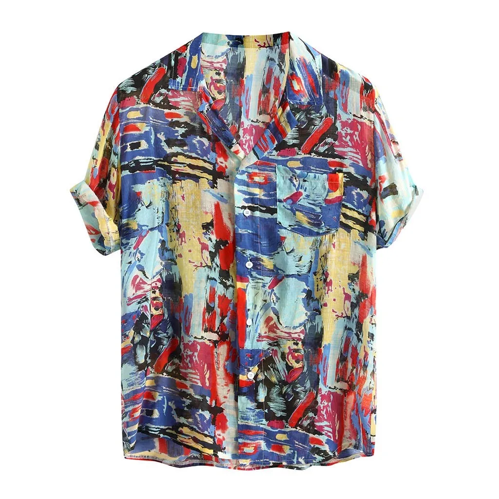 Womail, новинка, мужские Гавайские рубашки, блузки, мужские, дышащие, с разноцветным принтом, свободные, с отложным воротником, с коротким рукавом
