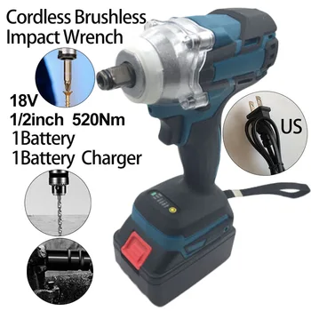 

1pc Electric Wrench+1pc Battery+1pc Charger Cordless Brushless 18V 1/2inch 520Nm Electric Impact Wrench Driver High Quality