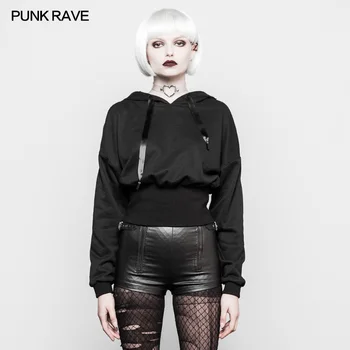 

PUNK RAVE Women Punk Black Slim Big Wizard Hat Short Jacket Zipper Design Personality Gothic Punk Hooded Pullover