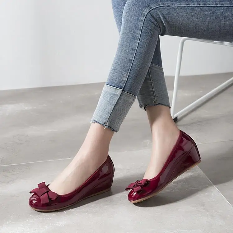 

Wedges Women Shoes Genuine Leather Pumps Elegant Womens Slip-on Woman Round Toe Pump Butterfly-knot Ladies Party Red Black High