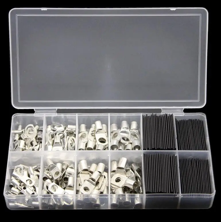 

120PCS Assortment Bare Copper Lug Splice Crimp Terminals Ring 6-25mm Battery Welding Electrical Cable Wire Connectors Kit & Tube