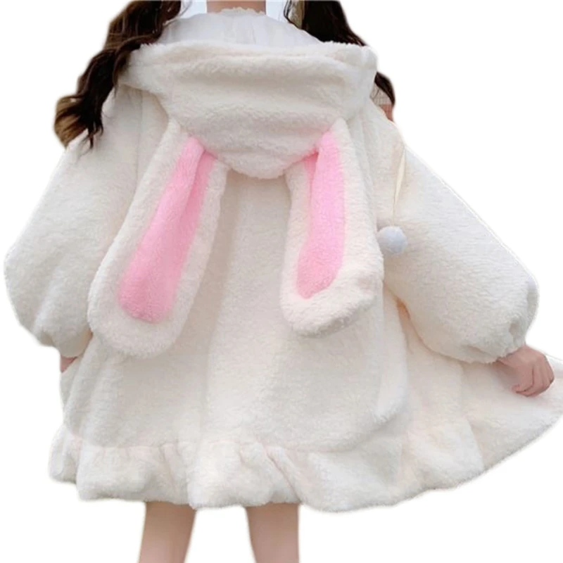 Women Long Sleeve Fuzzy Hooded Jacket Kawaii Bunny Ears Plush Warm Cardigan Coat | Женская одежда