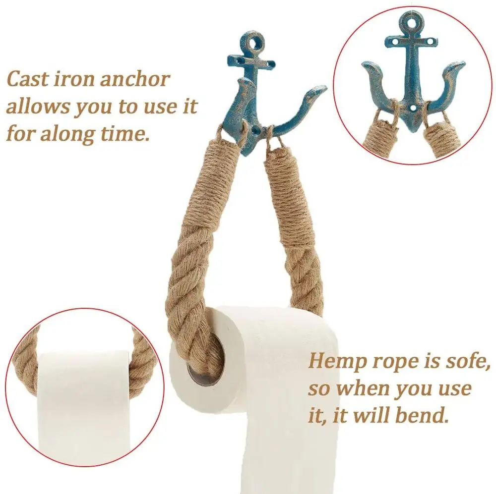 Nautical Rope Toilet Paper Holder Antique Bathroom Towel Holder Tie-Back Curtain Rack Wall Mounted Metal Anchor Hook Design