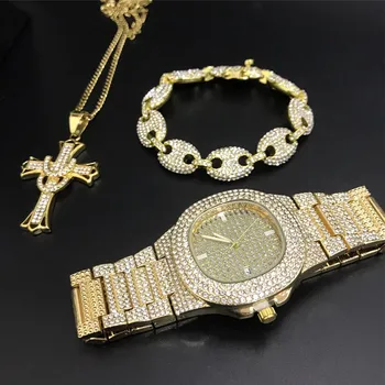 

Luxury Men Gold Silver Color Watch & Necklace & Braclete Combo Set Ice Out Cuban Watch Set Hip Hop Jewerly For Men