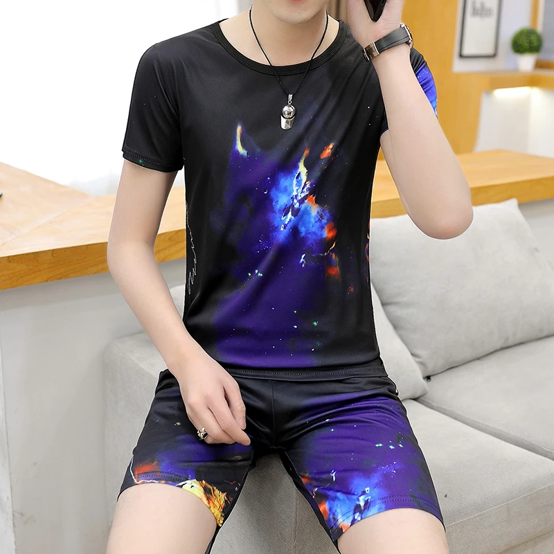 

2020 Summer New Men's Round Neck T-shirt and Shorts Two-piece Set of Printed Slim Casual Home Tracksuit Men