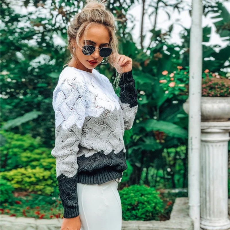 

2019 Women Winter Long Sleeve Crewneck Knitted Pullover Sweater Women Vintage Splice Autumn Ladies Pullover Jumper Mit Streifen