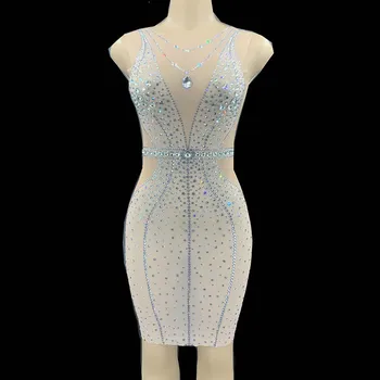 

Singer Outfit Sexy Rhinestones See Through Dress Prom Party Mesh Costume Women Evening Dance Dress Birthday Celebrate Dresses