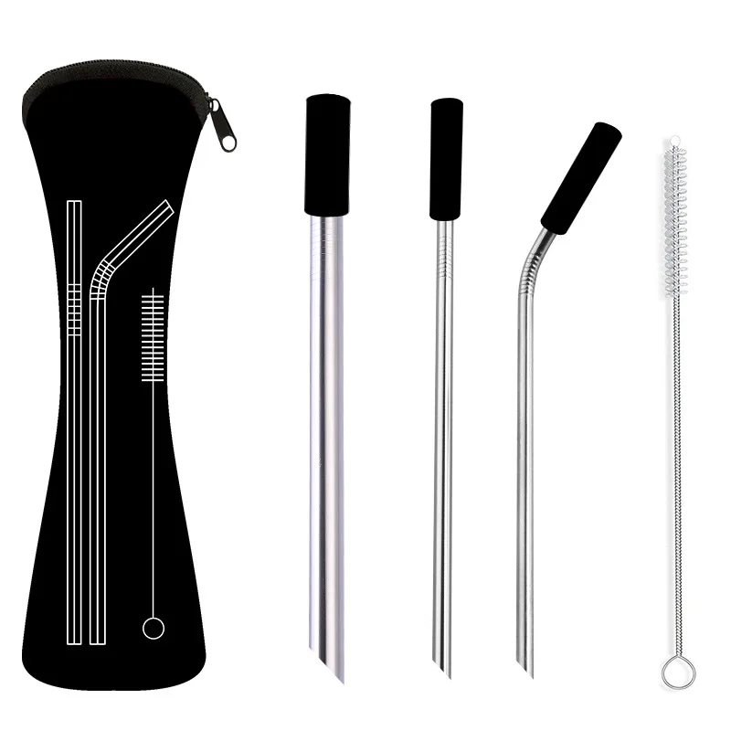 Black 5pcs Tofok 6 шт Металлический Набор соломинок для напитков с силиконовым чехлом сумка щеточка для очистки, многоразовая изогнутая прямая соломинка портативный бар вечерние поставки - Цвет: Black 5pcs