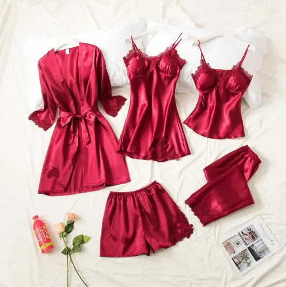 wine red 5 pieces Комплект из 5 предметов; сезон весна-осень; шелковые пижамы для женщин; пикантные кружевные женские пижамы на бретельках; летние облегающие шорты; Пижама - Цвет: wine red 5 pieces