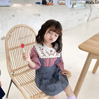 

children wear new spring 2020 Korean embroidery lapel flowers big lapel shirt girls plaid shirt