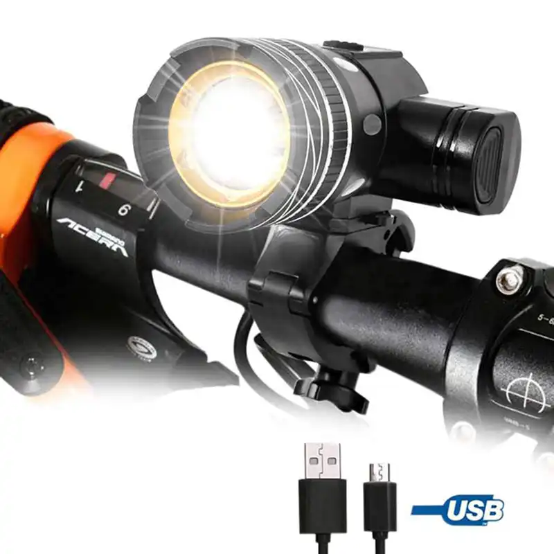 lampara led frontal para bicicleta t6 recargable via usb con zoom linterna con 3 modos