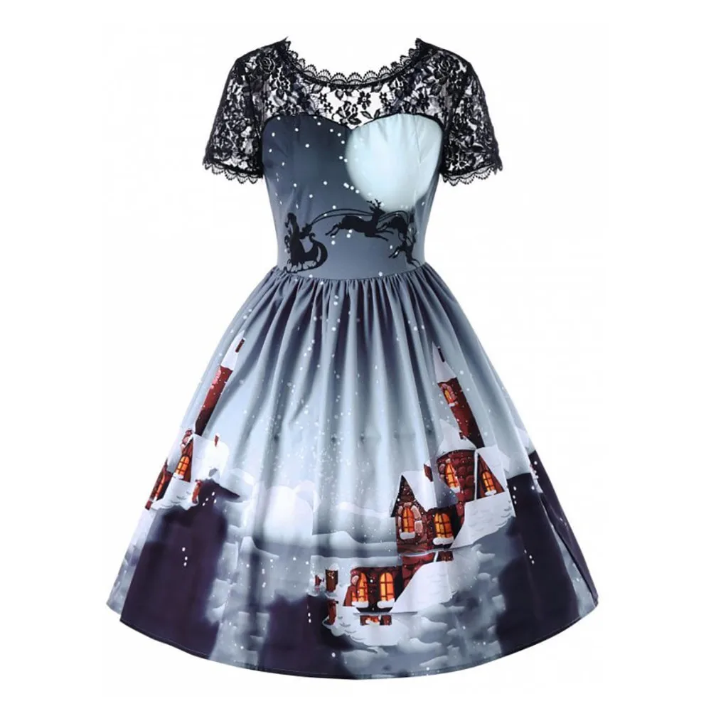 

Sleeper #W401 2019 fashion Women Short Sleeve Christmas Print Retro Lace Vintage festival Dress A-Line Swing Dress Free Shipping