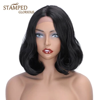 

Stamped Glorious Natural Middle Part Short Black Wig Synthetic Lace Front Wig For Women Heat Resistant Fiber Bob Wig
