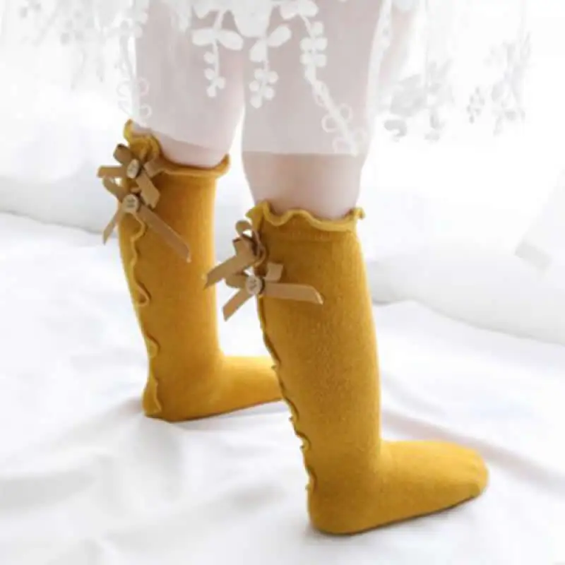 New born baby Socks Toddlers Girls bowknot Knitted Knee High Long Soft Cotton Lace baby Socks meisje Girls lace agaric sock - Цвет: yellow ear