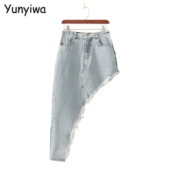 

women tassel denim midi skirt Irregular vintage zipper female sexy chic mid calf skirts 1D440