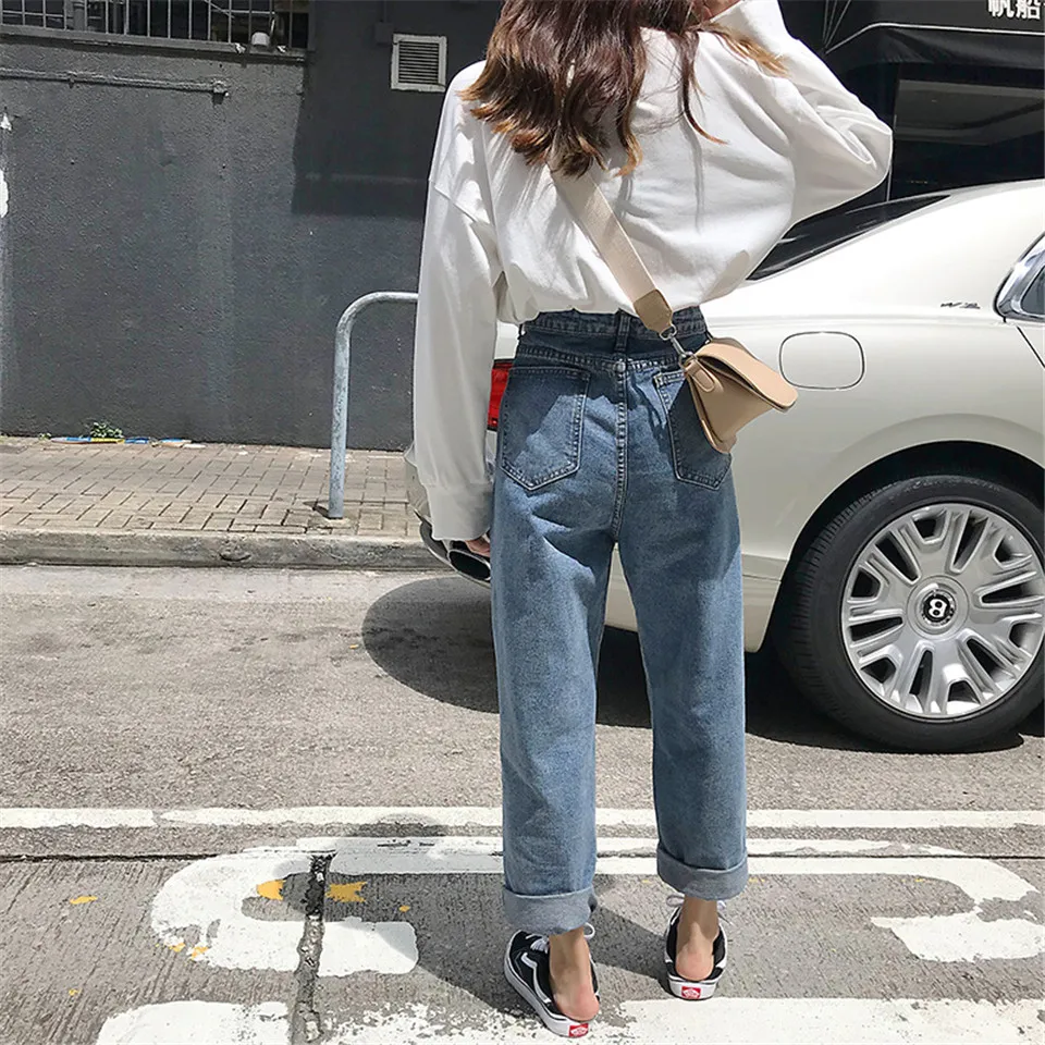 GECKATTE осень зима Boyfriend корейский широкие джинсы женские синие с высокой талией свободные уличные длинные брюки Mujer