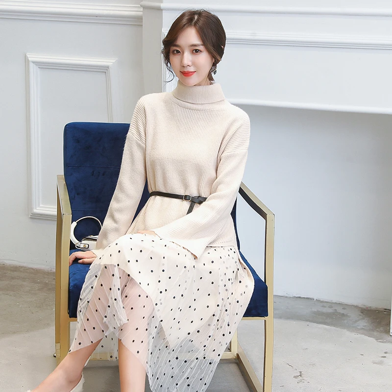 Korean Autumn Sweater Dress Women Winter Woman Knitted Dresses Women Turtleneck Sweaters Dress Plus Size Polka Dot Tulle Dresses