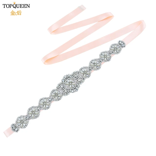 TOPQUEEN S161 Bridal Belts Wedding Women Jewelry Silver Rhinestone Pearl Crystal for Sparkly Party Formal Dress Diamond Sash Baby Pink Ribbon