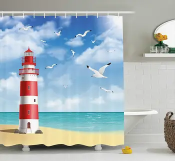 

Shower Curtain Beach Lighthouse Seashore Flying Seagulls for Bathroom Bathtub Decor with Hooks