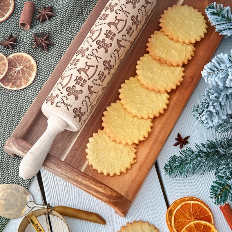 

Christmas Rolling Pin Engraved Elk Snowflakes Wooden Rolling Pin Creative Embossed Baking Cookie Biscuit Fondant Cake Dough Tool