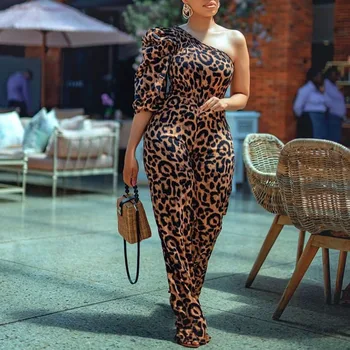 

Sexy One Shoulder Jumpsuit Women 2020 Summer Fashion Leopard Printed Long Jumpsuits Office Ladies Causal Party Club Rompers