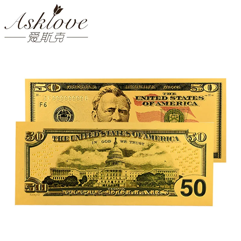 10 шт. доллар США банкноты поддельные деньги 24 к Золотая фольга банкноты 1 2 5 10 20 50 долларов сувенир коллекция подарки поддельные деньги Валюты - Цвет: USD50 -10pcs