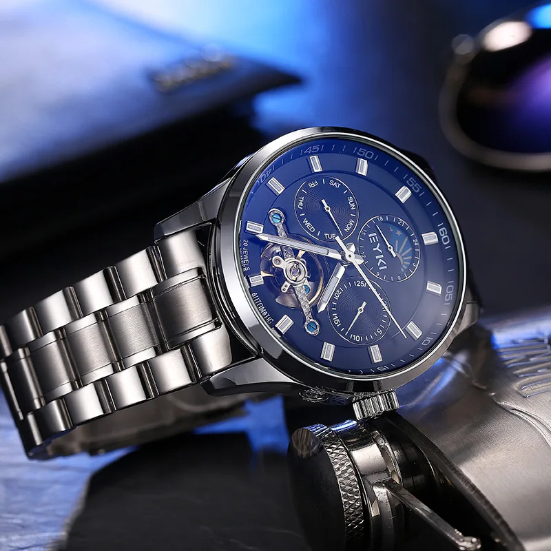 

Eyki Multi-functional Small Needle Automatic Hollow out Mechanical Wrist Watch Men's Large Dial Fashion Blueray Steel Watch