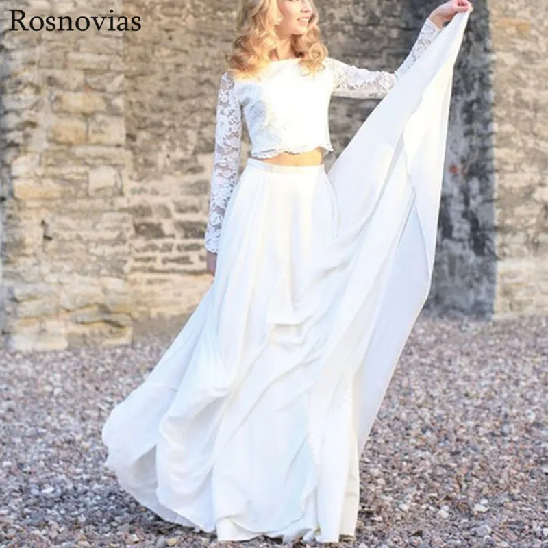 Long Sleeves Two Pieces Wedding Dresses 2019 Scoop Covered Button Back Lace Top Modest Boho Beach Bridal Gowns Vestido De Novia