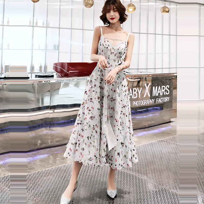 Это Yiya платье для выпускного вечера цветные блестки Спагетти ремень Vestidos de gala tea-length плюс размер молния v-образным вырезом А-силуэт Выпускные платья E737