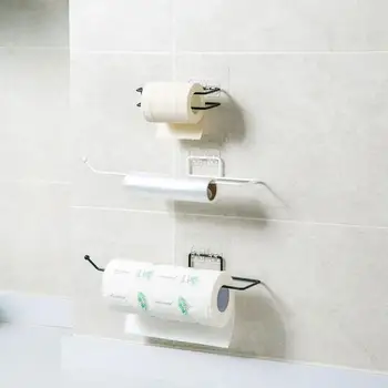 

Wall-Mounted Kitchen Paper Towel Storage Rack Wrought Iron Roll Paper Holder Free Perforated Plastic Wrap Storage Shelf