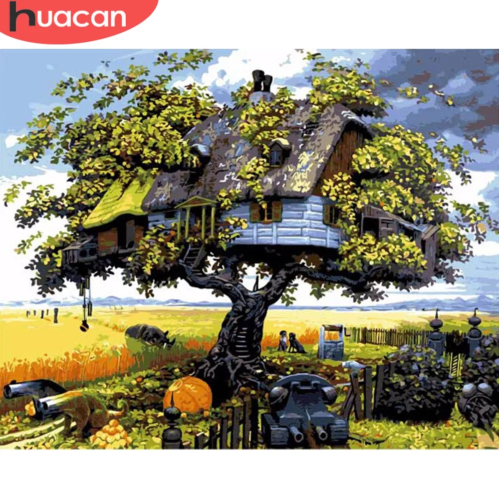 

HUACAN Painting By Numbers Tree House Scenery HandPainted Kits Drawing Canvas DIY Oil Pictures By Numbers Landscape Home Decor