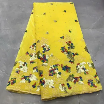 

Nigeria Latest Design Velvet stones Lace Fabric 5 Yards/pcs High Quality African Lace fabric With Sequins For Party Dress yellow