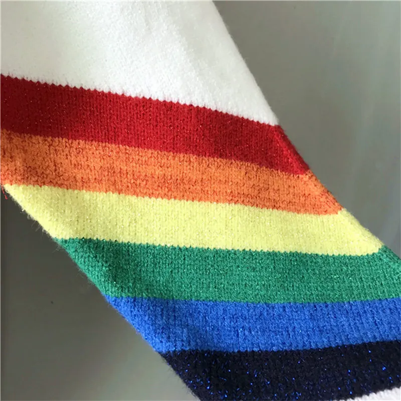 Rainbow Strips Sweater Women O-neck White Pullover Casual Ribbed Sweaters Female Autumn Knitwear Bright Silk Lady Pullovers