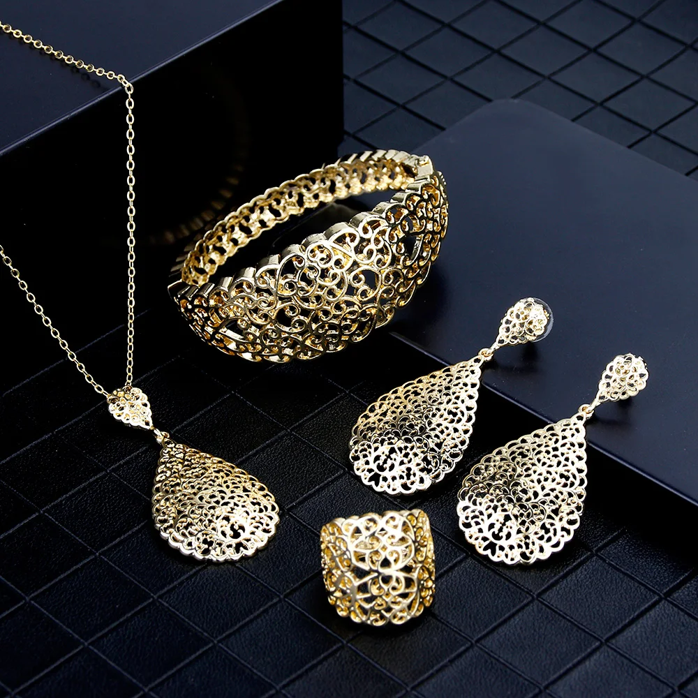 Sunspicems 2020 Gold Color Metal Arab Jewelry Set Hollow Bangle Earring Necklace Ring Wedding Bijoux Algeria Dubai Bridal Gifts - Image 2