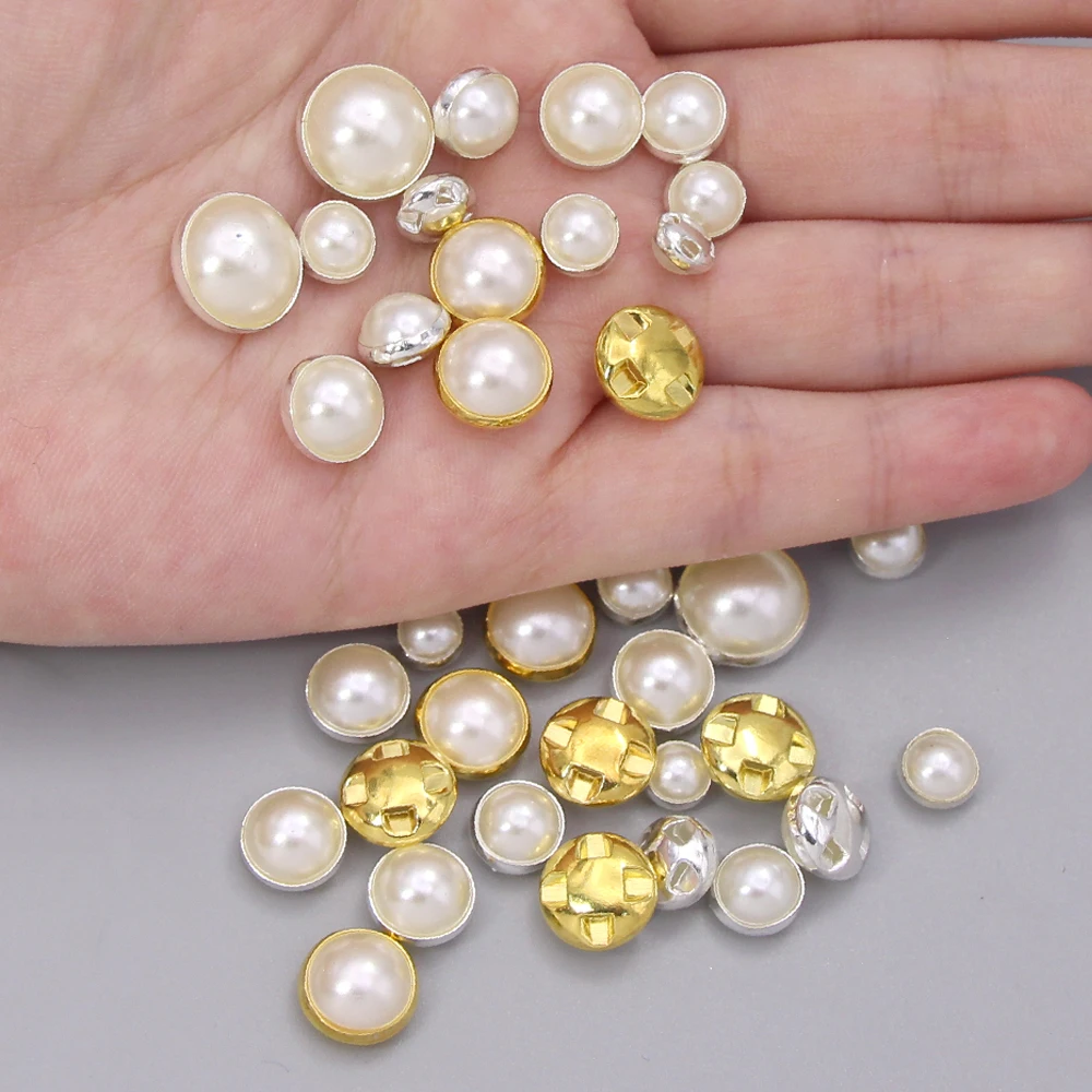 100pcs White Sewing Pearls Sliver/Gold Base Beads Sew On Rhinestones With  Claw Glitter Half Round