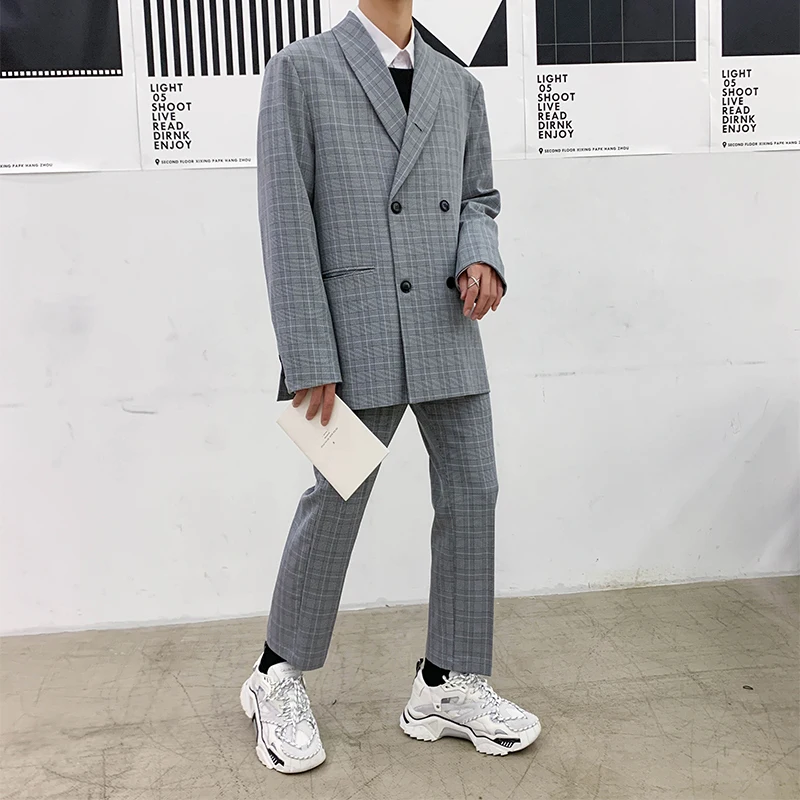 Men's Streetwear Lattice Printing Two Single Western Coats High-quality Suit Jacket Casual Loose Blazers Plus Size M-XL