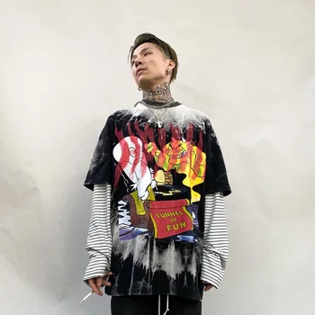 

Male Women High Street Hip Hop Vintage Fashion Loose Couple Tees Shirts Men Gradient Print Splice Long Sleeve T-shirt