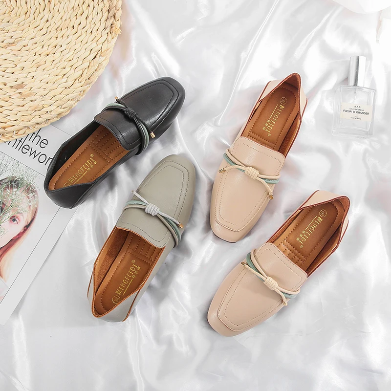 

Female Ballet Flats Shoes Woman Solid Vintage Double Wears Mules Moccasins Square Toe Slip On Bowtie Loafers Lazy Flat Shoes 42