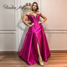 Вечернее платье цвета фуксии из атласа с бисером,, сексуальное, с открытыми плечами, с разрезом по бокам, женские вечерние платья, длинные женские вечерние платья для выпускного вечера