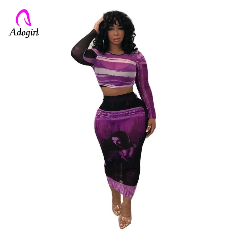 

Purple Mesh 2 Piece Set Sexy Women Club Party Skirt Set Long Sleeve Crop Top and Midi Skirt Bodycon See Through Autumn Outfits