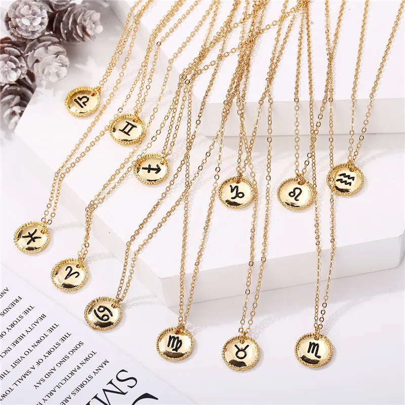 17KM 12 Constellation Star Zodiac Necklace For Women Elegant Coin Pendants Necklaces Gold Metal Choker Fashion Jewelry Gifts