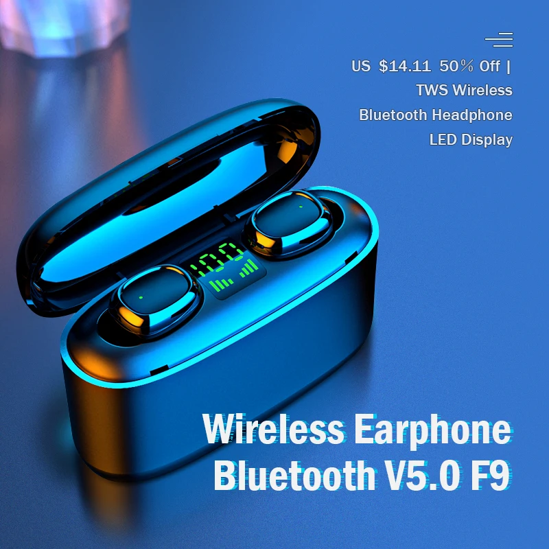 Беспроводной наушники Bluetooth V5.0 F9 вкладыши TWS с светодиодный Дисплей 2000 мА/ч